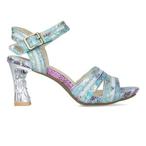 Multicolor Iridescent Strappy Heeled Sandal - Metallic Silver Sculpted Heel